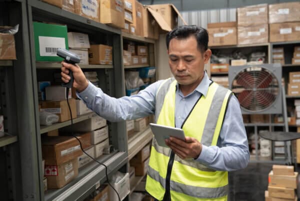 warehouse manager and worker inventory check goods on shelf barcode scan distribute in factory
